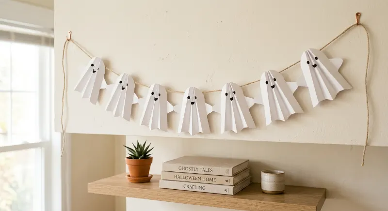 White accordion paper ghost garland with black eyes.