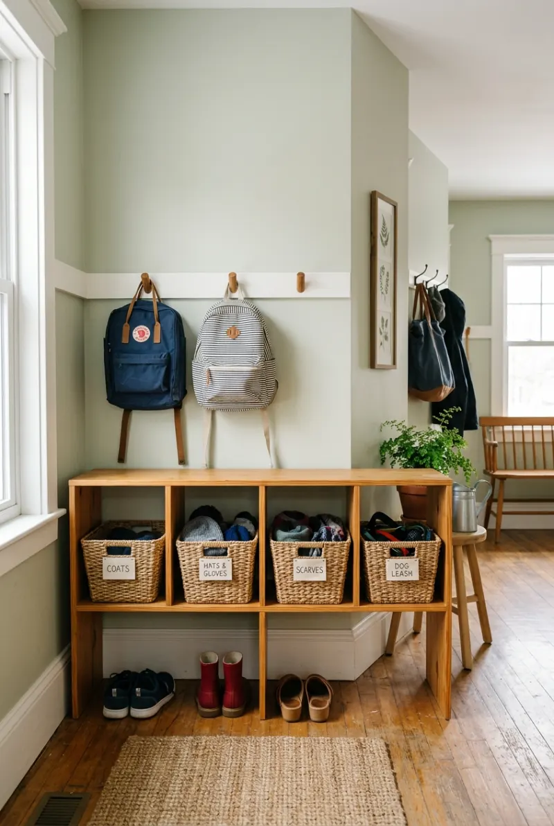 Family backpack station with labeled cubbies, storage baskets, and school bags.