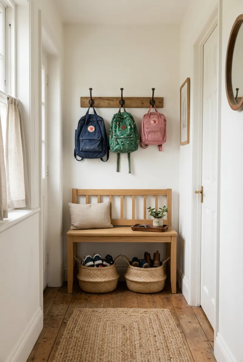 Wooden entryway bench with storage baskets and backpacks hanging on wall hooks.