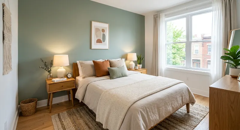 Rental bedroom with matching wooden bedside tables and warm lamps.