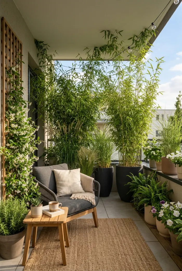 Tall bamboo plants creating privacy on an apartment balcony