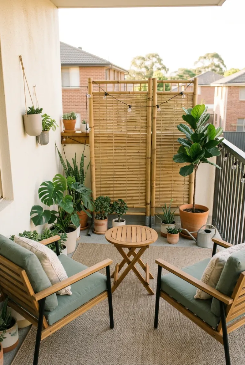 Freestanding bamboo screen creating privacy beside a rental backyard seating area.