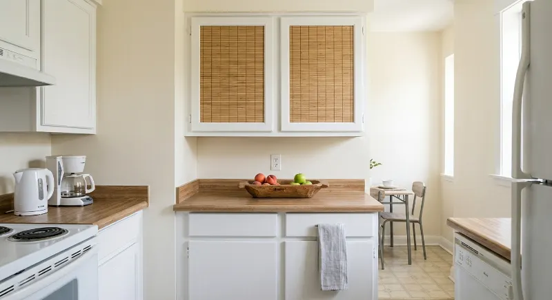 White rental cabinets with natural bamboo-style door inserts.
