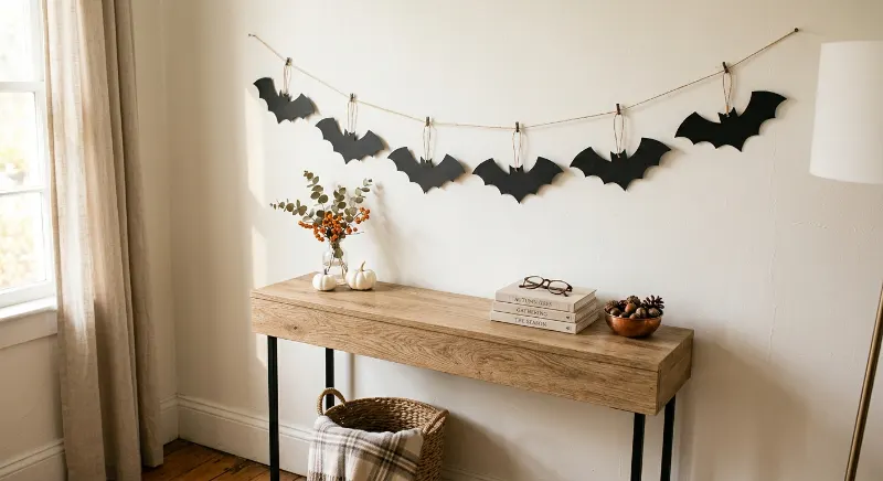 Black cardstock bats hanging on a Halloween garland.