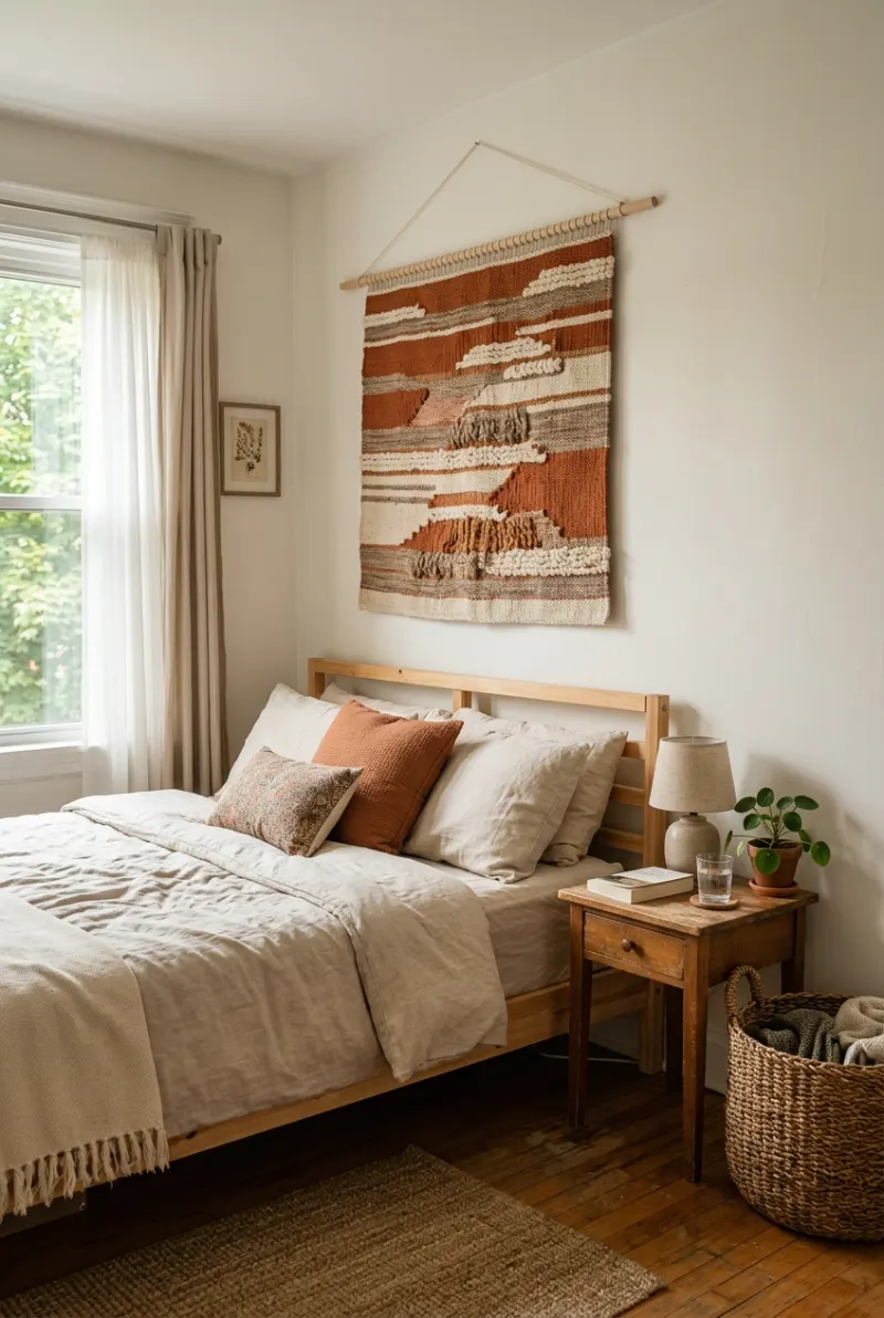 Rental bedroom with a rust and cream tapestry above a bed with neutral bedding.