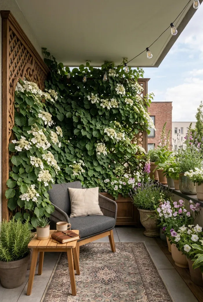 Climbing hydrangea growing on a balcony trellis