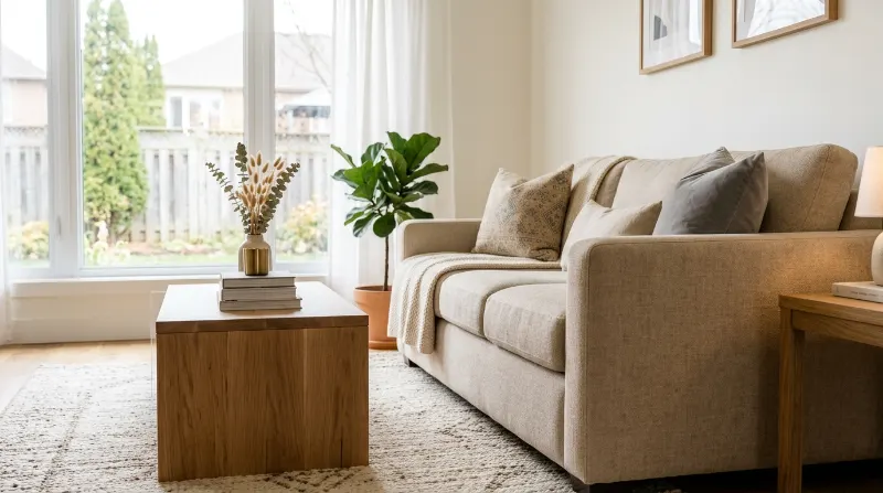 Wooden coffee table positioned slightly below the seat height of a modern living room sofa.