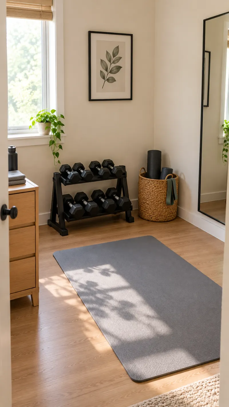Small strength-training corner with light dumbbells and an exercise mat.