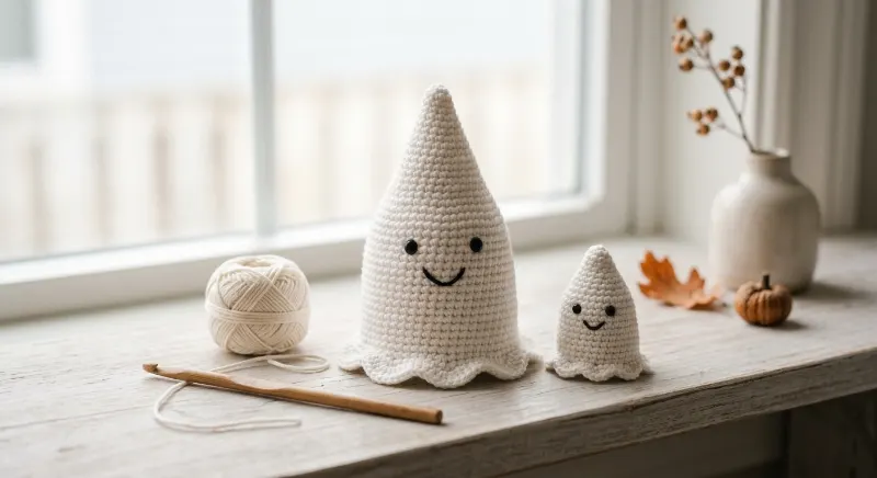 Tall cone-shaped white crochet ghost with a flared base and embroidered eyes.