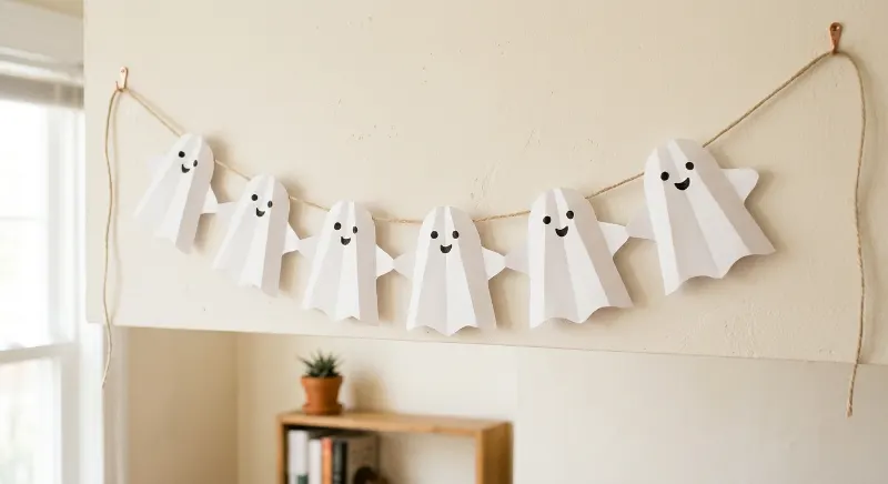Connected white paper ghost chain for Halloween decor.