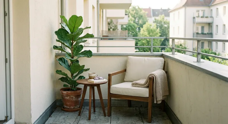  Small rental balcony with a cushioned reading chair, side table, and green plant.
