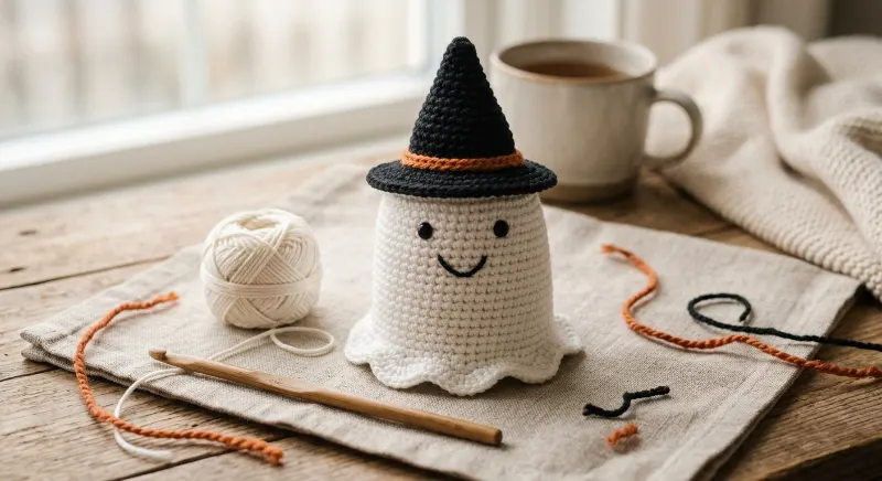 Mini white crochet ghost wearing a black witch hat with an orange band.