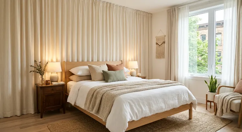Cream curtains behind a bed in a cozy rental bedroom.