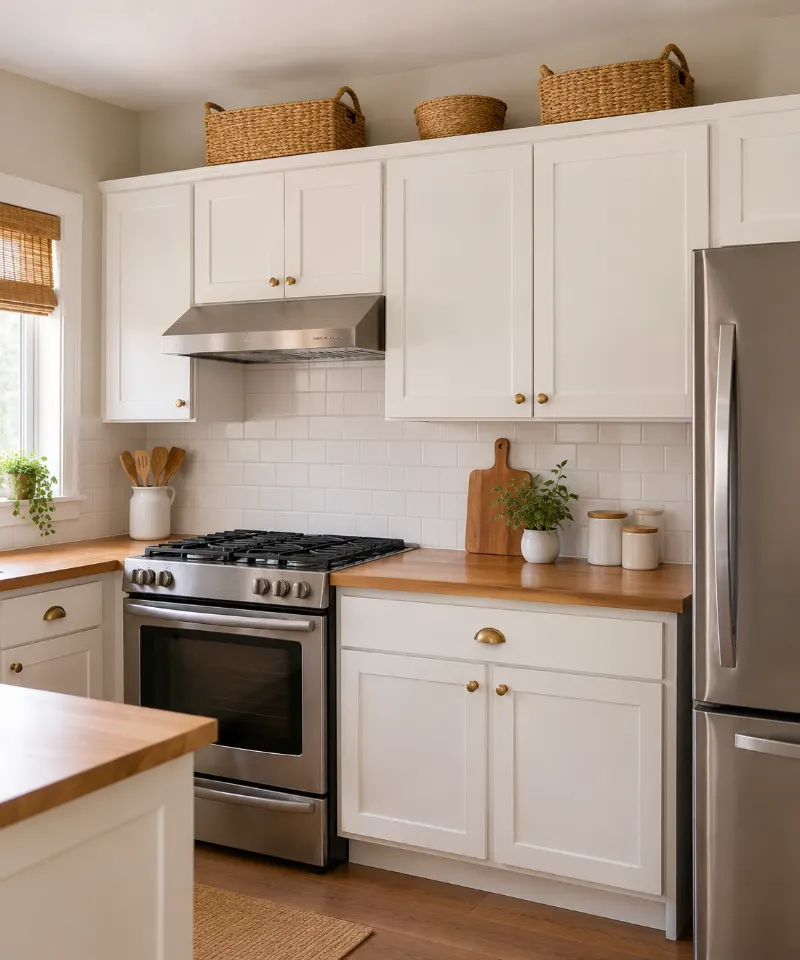 Lightweight woven baskets arranged above white kitchen cabinets.