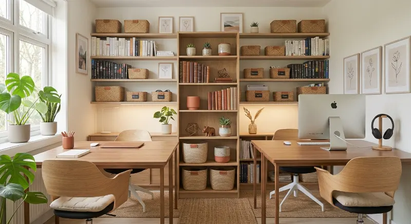 Open bookcase dividing two workstations in a shared office.
