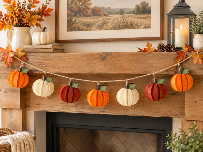Handmade orange and cream paper pumpkin garland hanging across a wooden mantel.