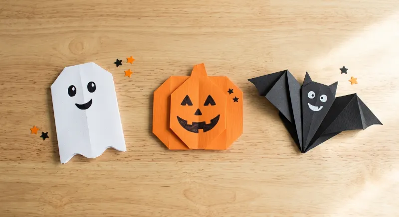 Easy origami ghost, pumpkin, and bat made from colored paper.
