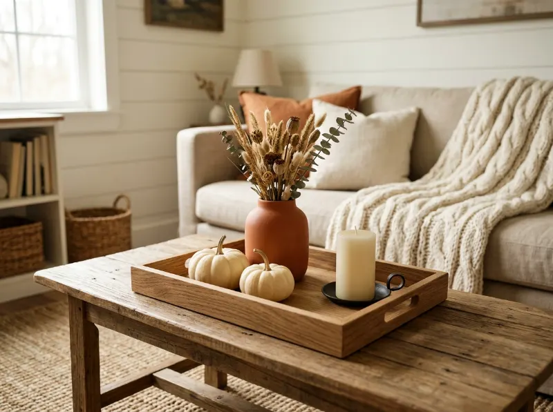 Wooden fall tray with cream pumpkins, a rust-colored vase, and a candle on a neutral coffee table.