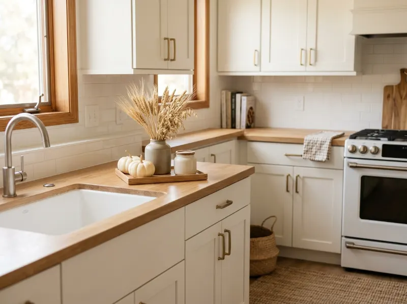 Small wooden tray with cream pumpkins and dried wheat stems on a warm white kitchen counter.
