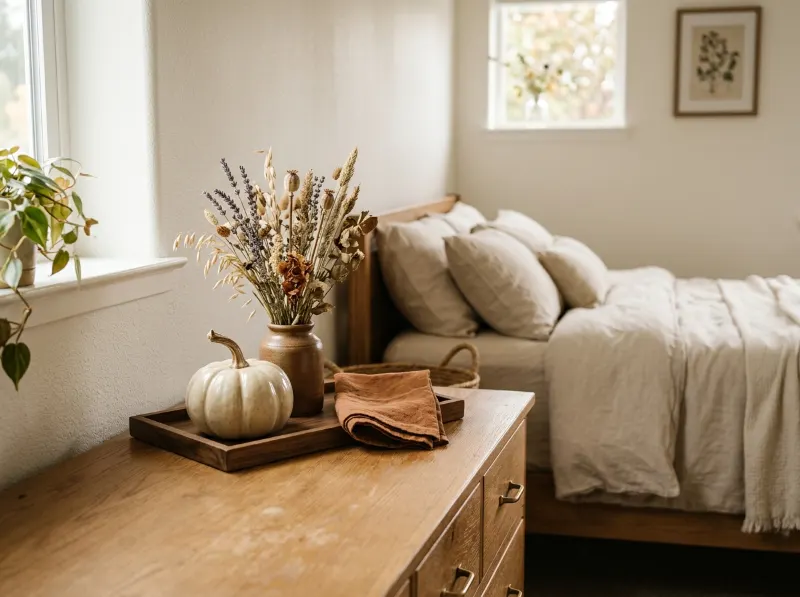Small wooden tray with a cream pumpkin, dried flowers, and a rust-colored linen accent on a bedroom dresser.