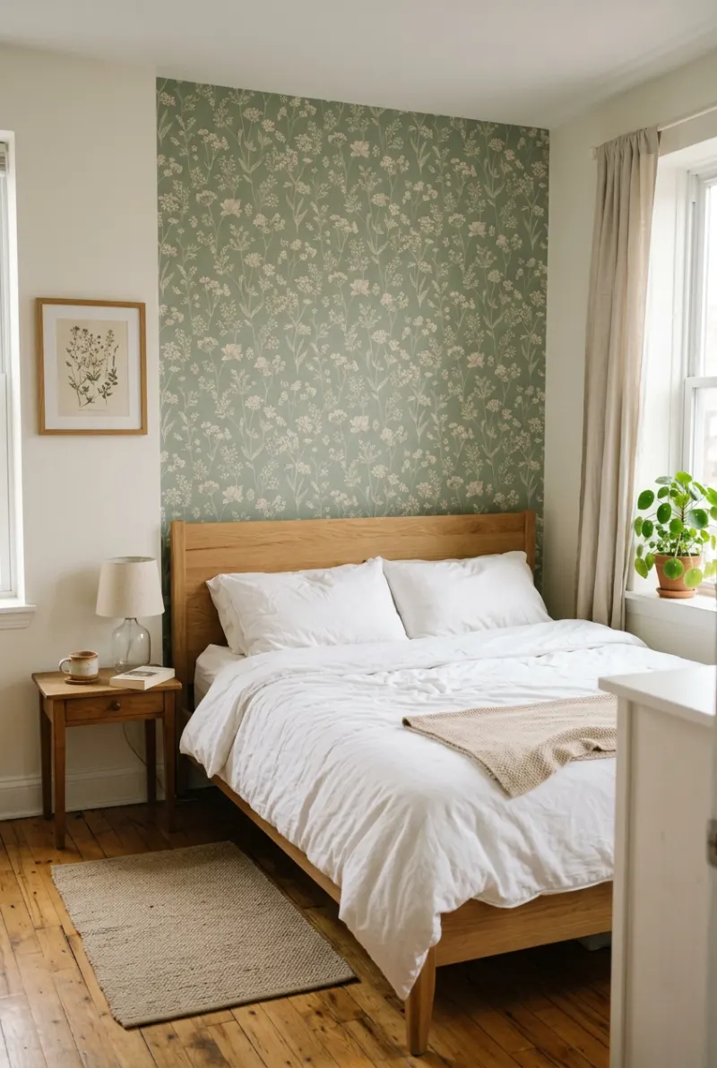 Small rental bedroom with sage green floral removable wallpaper behind a simple bed.