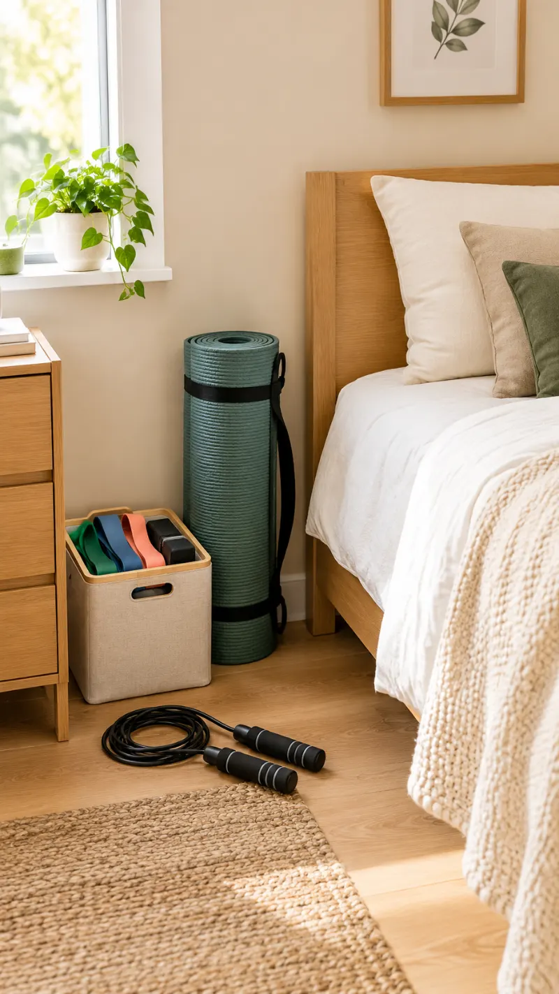  Foldable exercise mat and compact workout gear beside a bed.