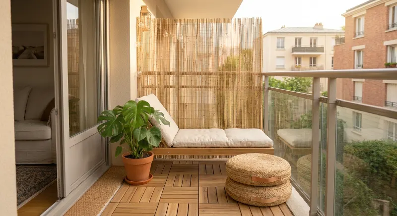 Narrow rental balcony with a portable reed screen and leafy plants.