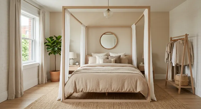 White fabric canopy over a bed in a spacious rental bedroom.