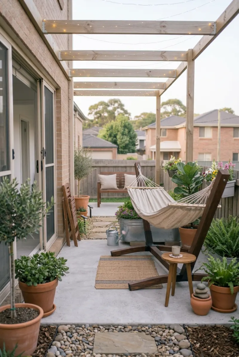 Freestanding hammock with cushions and potted plants in a rental backyard.