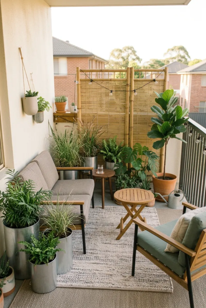Tall potted plants arranged as a movable privacy screen in a rental yard
