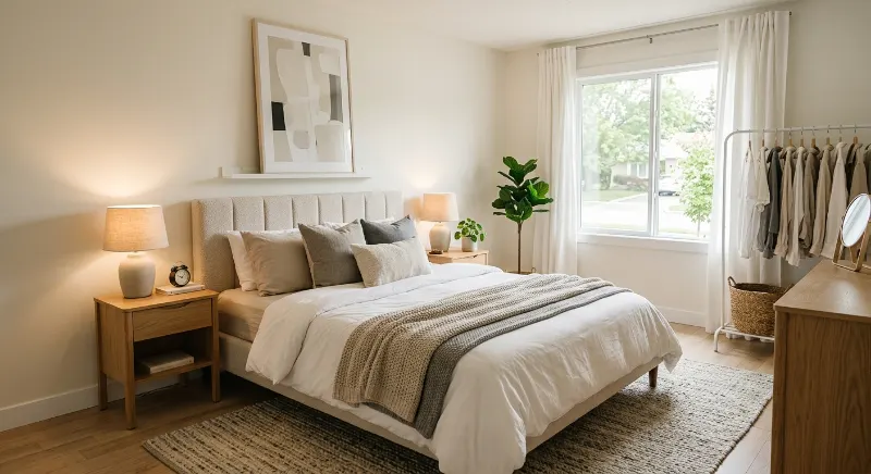 Neutral rental bedroom with a freestanding upholstered headboard.