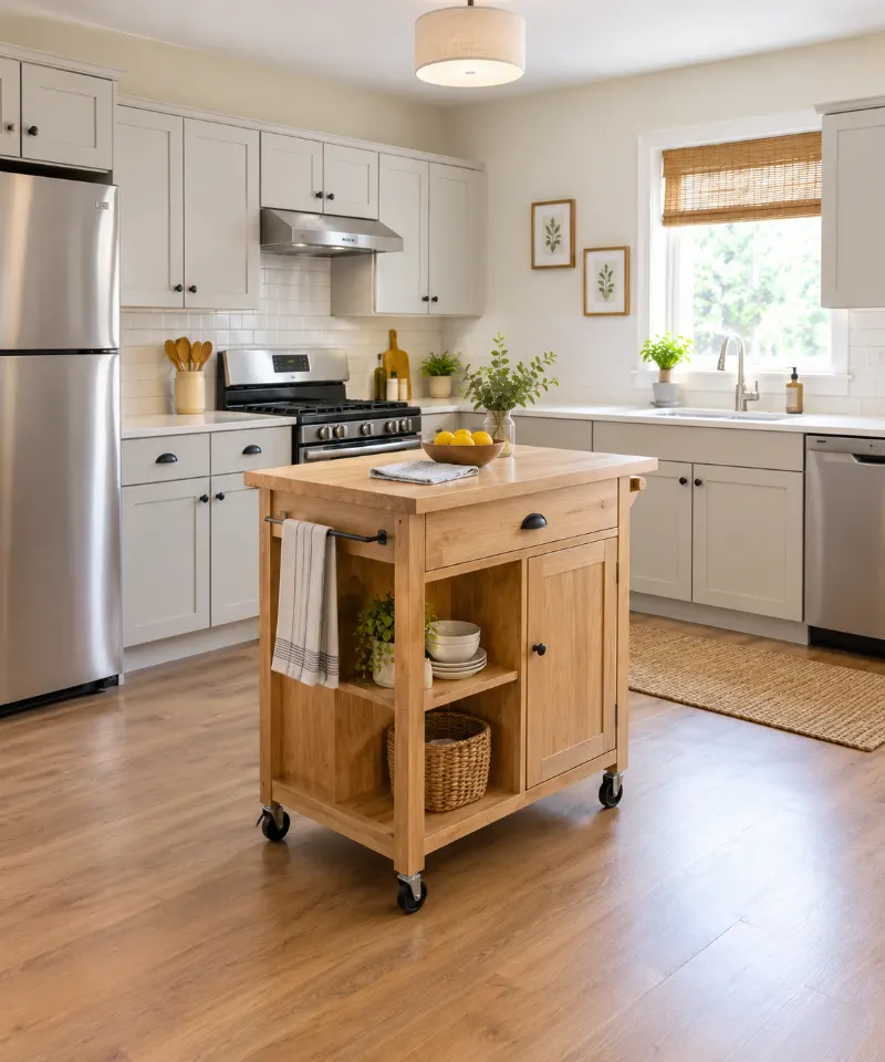 Compact freestanding wooden kitchen island in a rental kitchen.