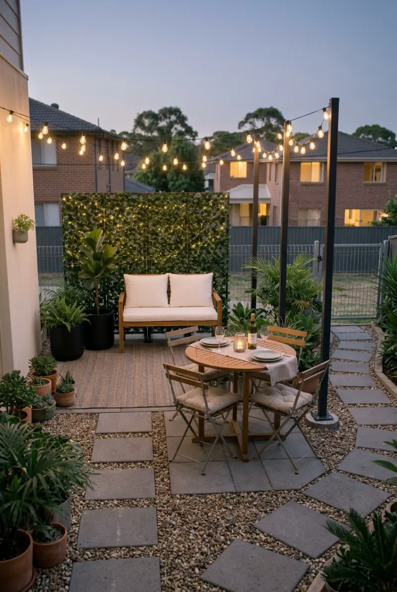 Warm-white string lights suspended from freestanding poles in a rental backyard.
