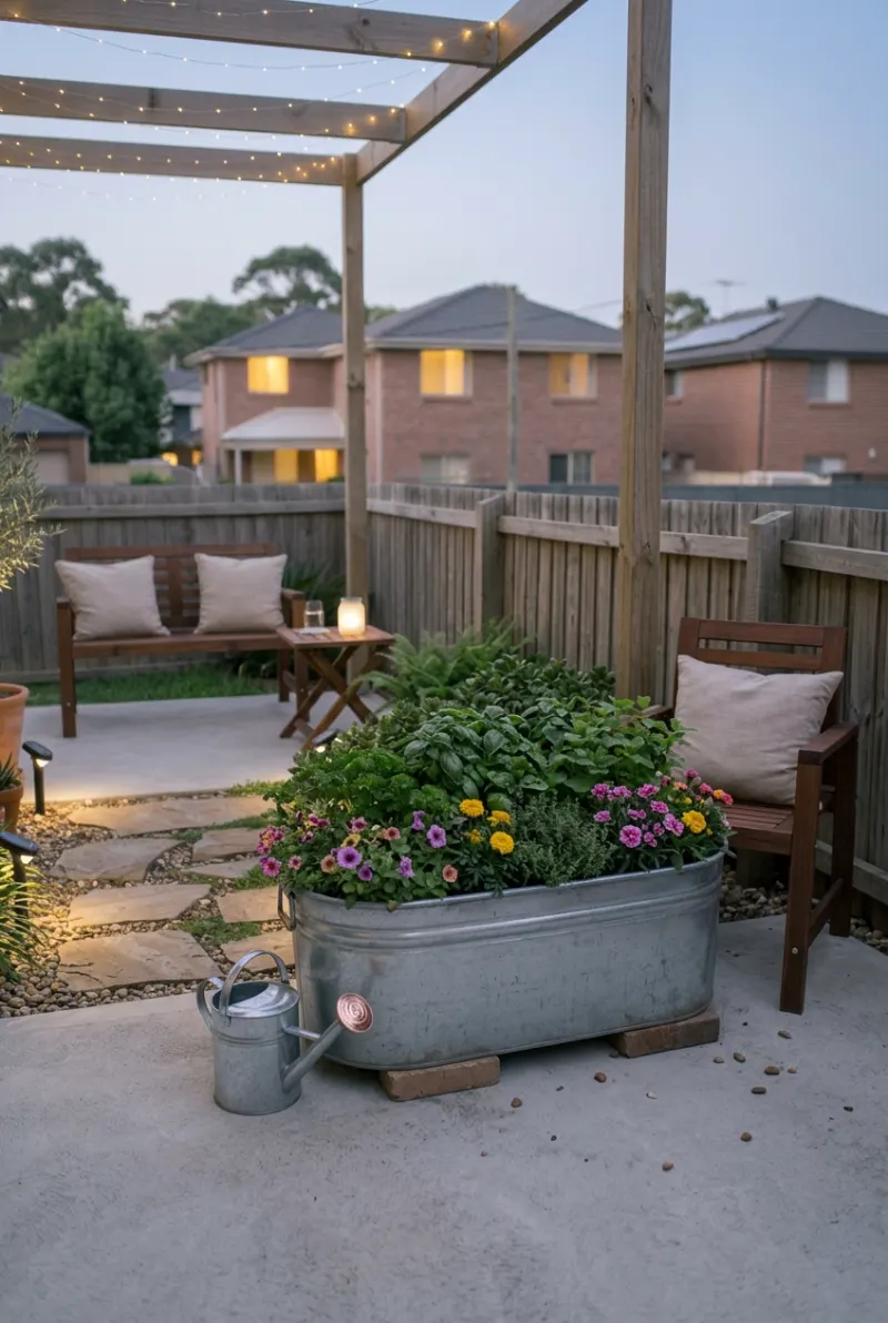 Galvanized metal trough filled with herbs and flowers in a rental backyard.