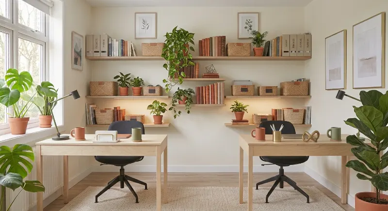 Two workstations decorated with indoor plants and natural wood furniture.