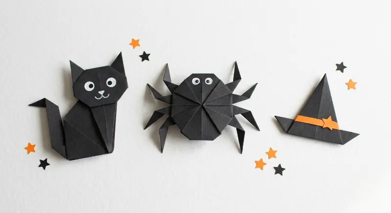 Black paper cat, origami spider, and witch hat for Halloween.
