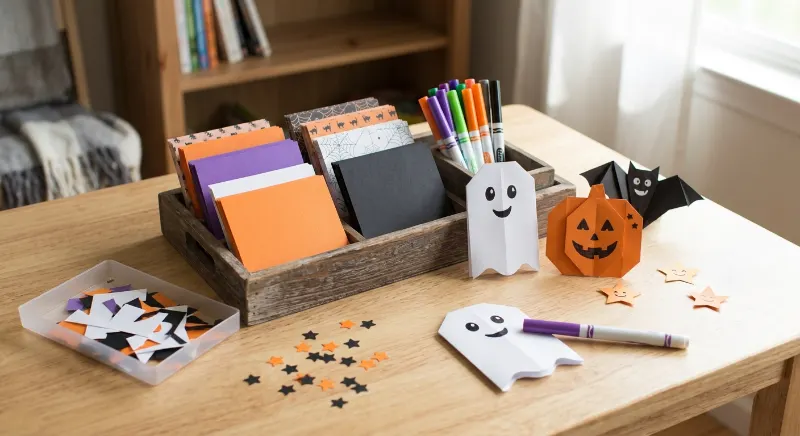 Halloween origami craft station with colored paper and markers.