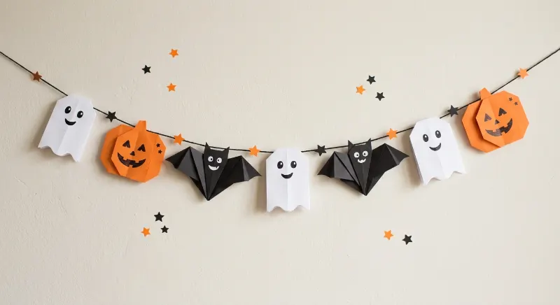 Handmade Halloween garland with paper ghosts, pumpkins, and bats.