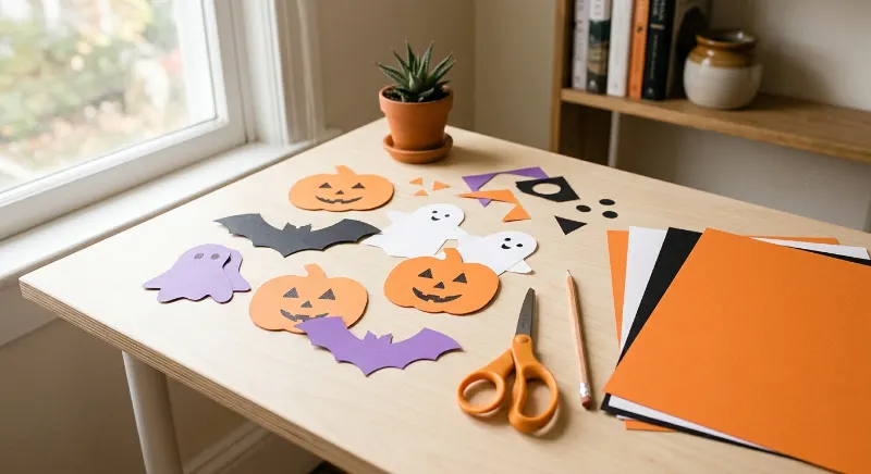 Handmade Halloween paper cut-outs with scissors and craft supplies.