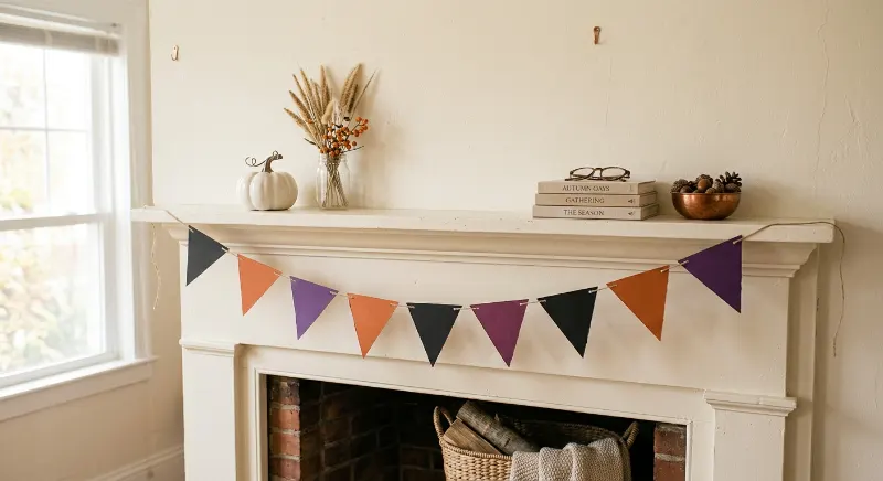 Orange, black, and purple triangle Halloween banner.