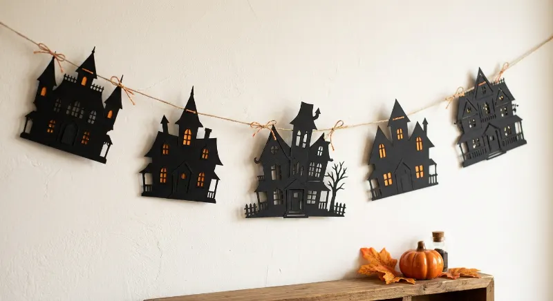 Black paper haunted houses linked into a Halloween garland.