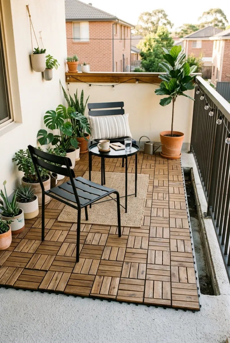 Removable wooden deck tiles covering a small rental patio.