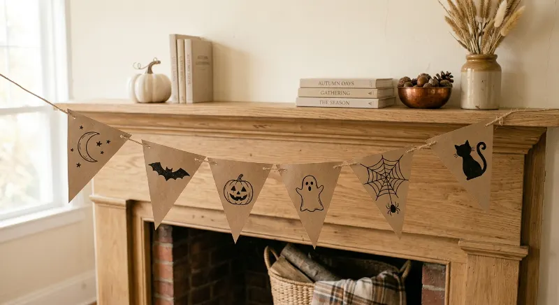 Rustic kraft paper Halloween bunting with black shapes.