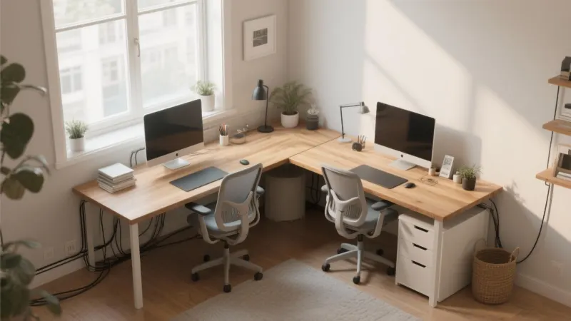 Two office desks forming an L shape in a modern corner room.