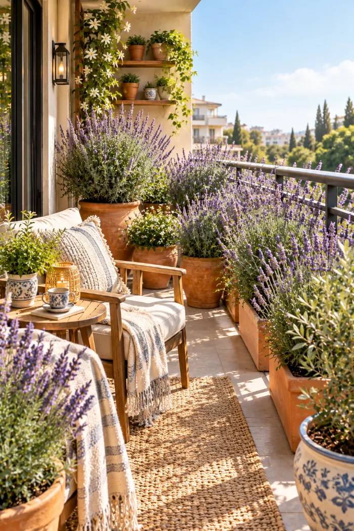 Lavender plants in pots adding privacy and color to a balcony