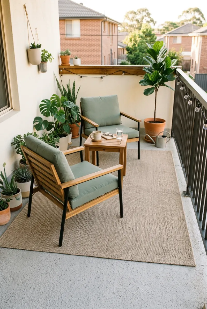 Neutral outdoor rug defining a cozy rental backyard seating area.