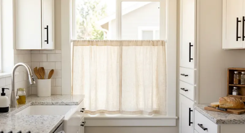 Cream cafe curtain covering the lower part of a rental kitchen window.