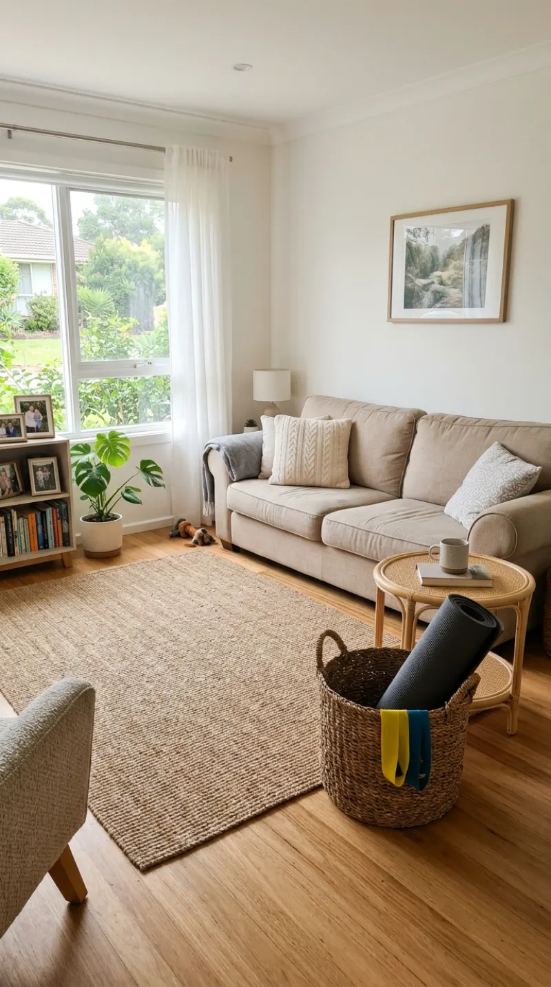 Living room with a clear exercise area and a neatly stored mat.