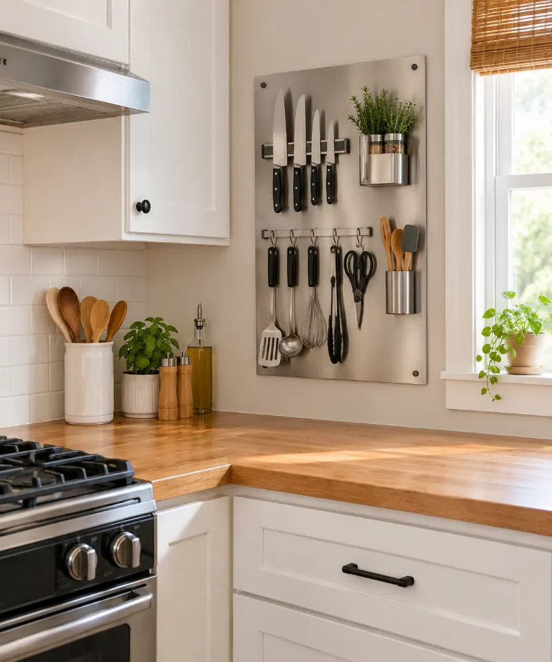  Lightweight kitchen tools stored on a compatible magnetic metal panel.