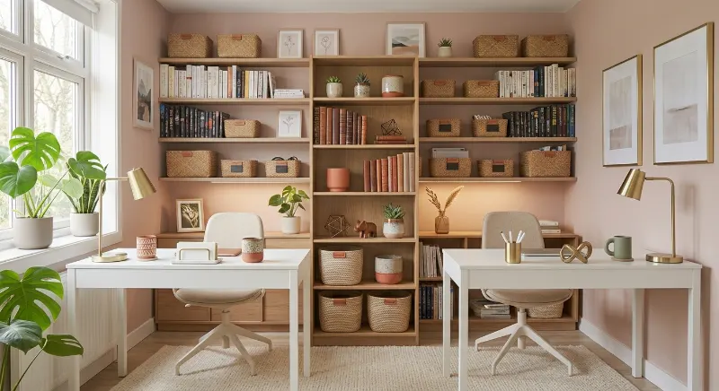 Matching white desks arranged neatly in a shared home office.